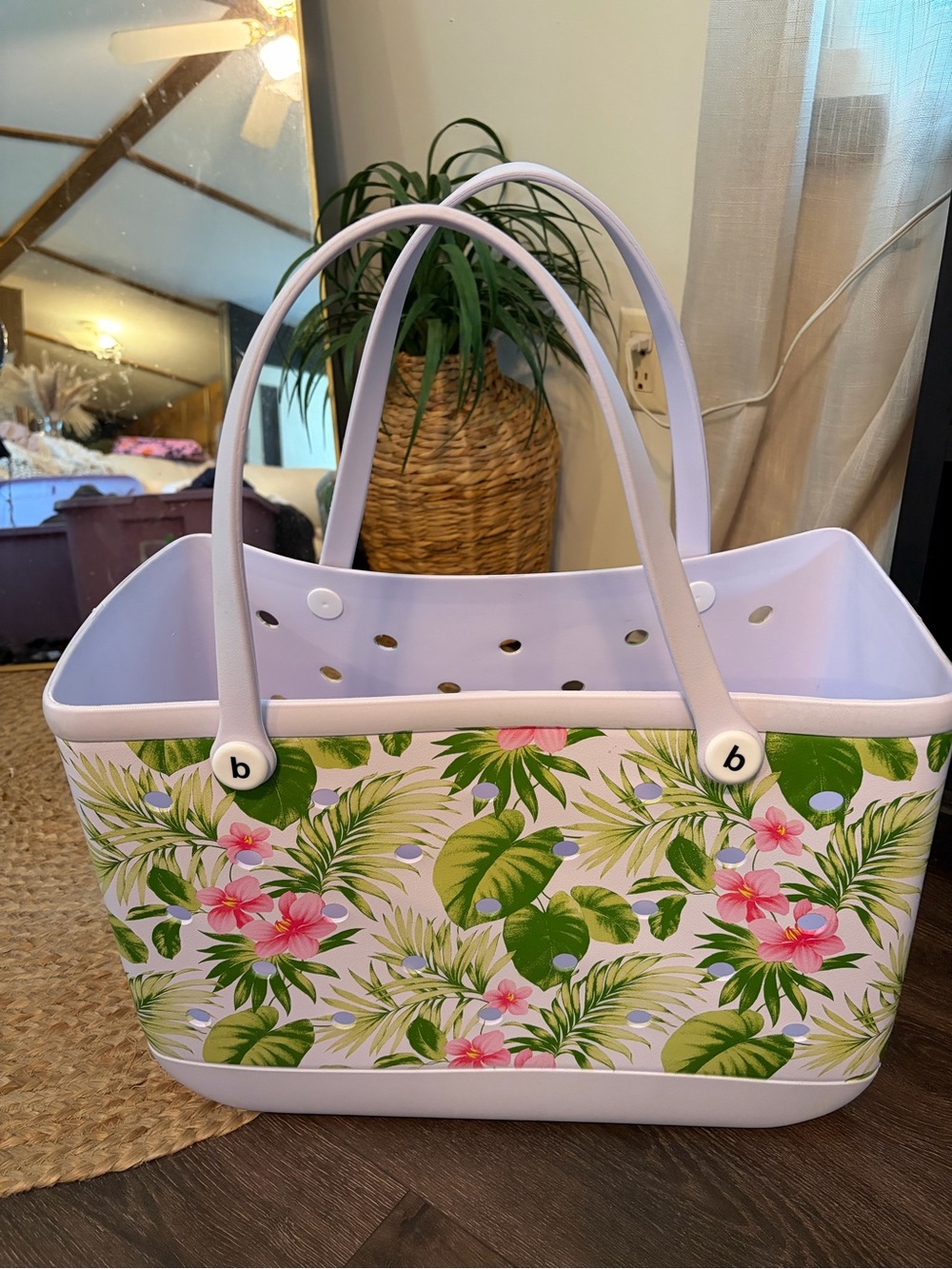 White Floral Tropical XL Rubber Tote